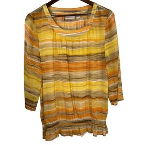 Chico's Blouse Top Striped Sheer 3/4‎ Sleeve Lightweight Yellow Orange Size 1